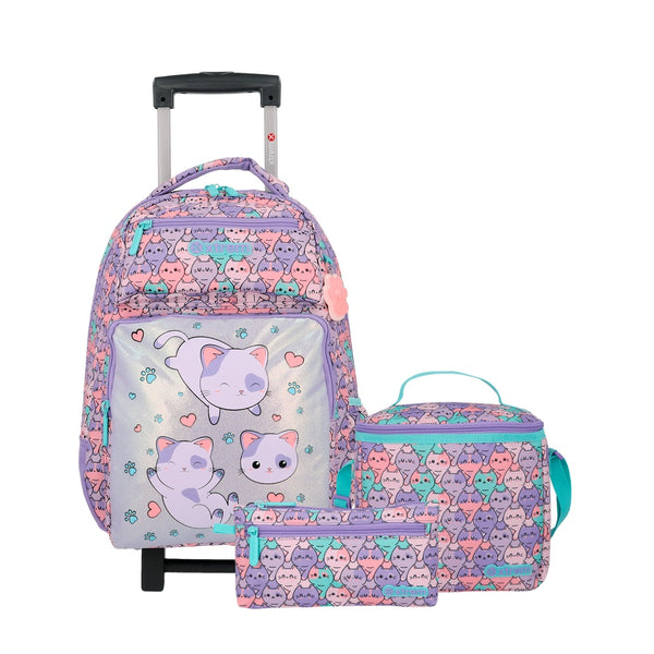 Set mochila con ruedas + estuche + lonchera Runpack lila